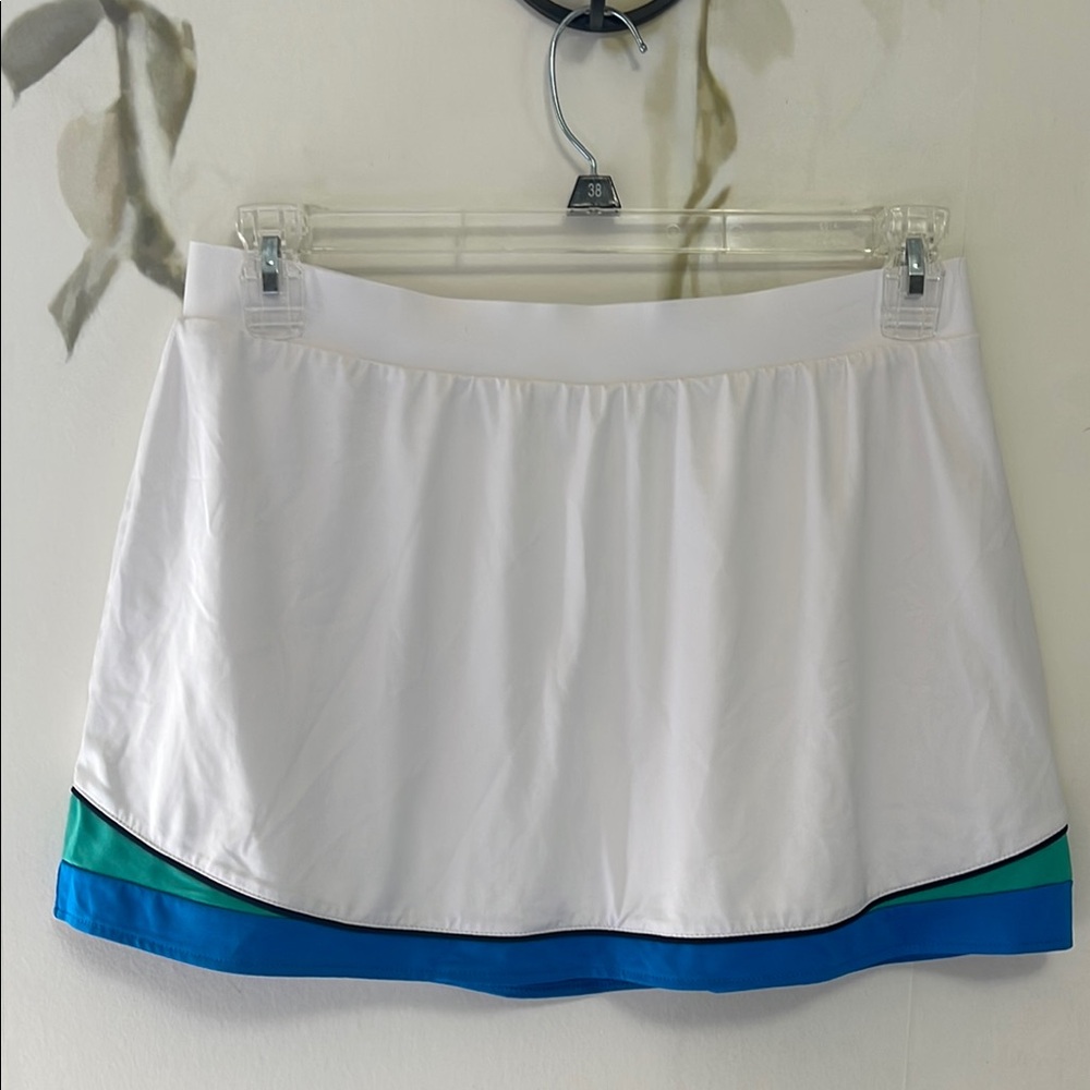 Tail White Athletic Skort with Blue and Green Trimmed Hemline